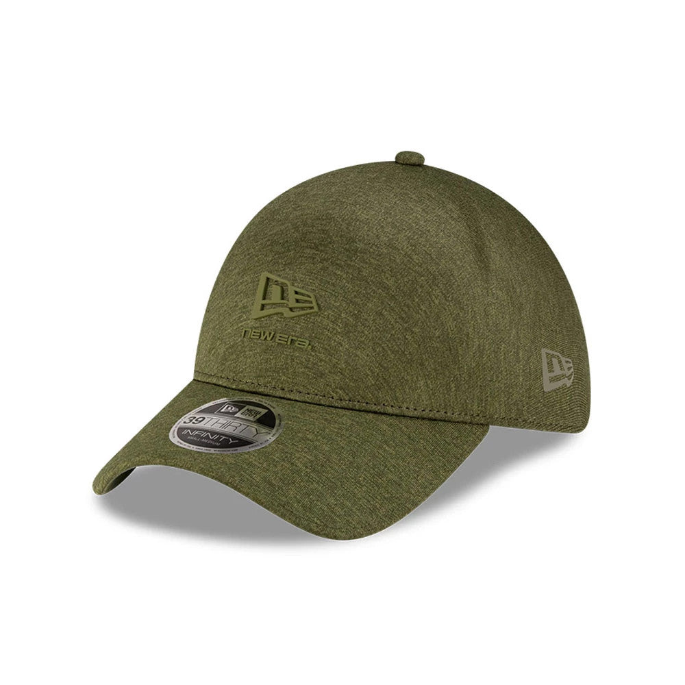New Era Green 39THIRTY Infinity Stretch Fit Cap, three-quarter view showing the raised embroidered New Era logo on the front panel, a green curved visor with a 39THIRTY size sticker, and New Era flag logo on the left side.
