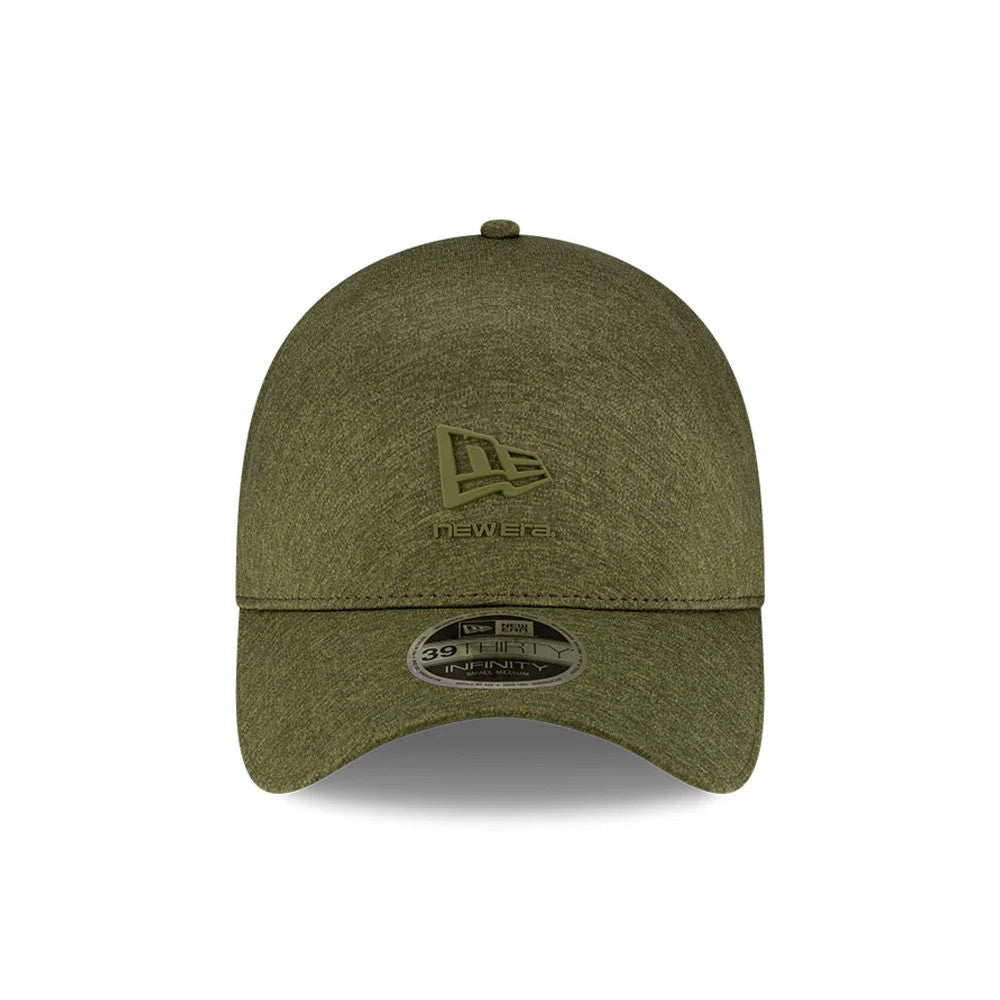New Era Green 39THIRTY Infinity Stretch Fit Cap, front view showing the embroidered New Era flag logo on the front panel, a curved green visor, and a 39THIRTY size sticker on the centre of the visor.