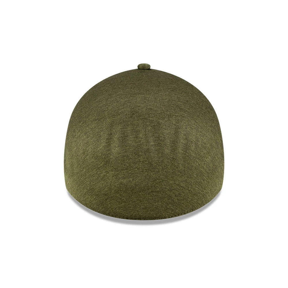New Era Green 39THIRTY Infinity Stretch Fit Cap, rear view showing a seamless green crown with a matching top button, featuring a structured design that provides a and snug fit on the head.
