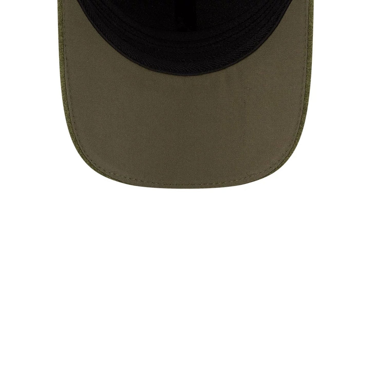 New Era Green 39THIRTY Infinity Stretch Fit Cap, inside view showing a black sweatband that lines the perimeter, contrasting with the olive green undervisor and displaying neat stitching around the edges for enhanced durability and a quality finish.