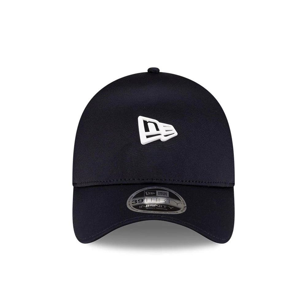 New Era Navy 39THIRTY Infinity Stretch Fit Cap, front view showing a raised white New Era flag logo embroidered on the structured navy crown, with an Infinity 39THIRTY size sticker on the slightly curved visor.