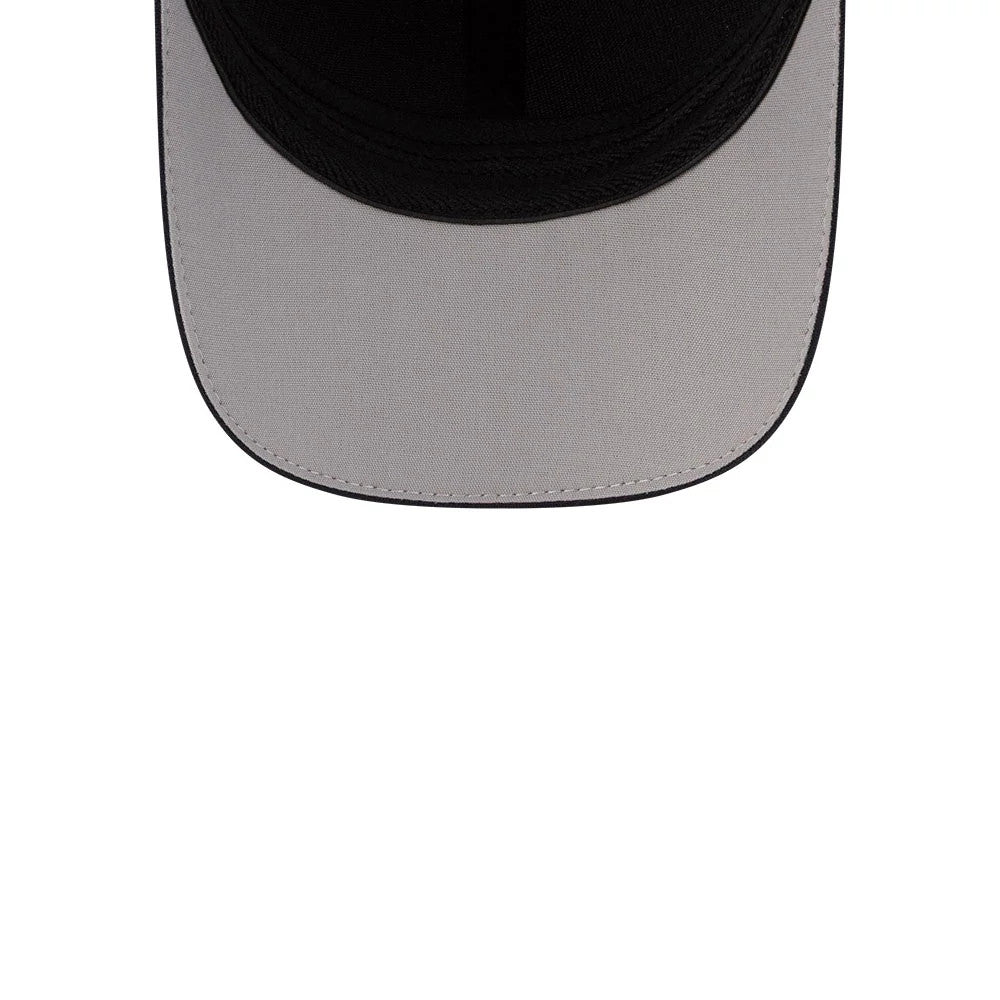 New Era Navy 39THIRTY Infinity Stretch Fit Cap, inside view showing the light grey undervisor with black stitching detail and the black interior sweatband, highlighting the fitted design and construction of the structured cap.