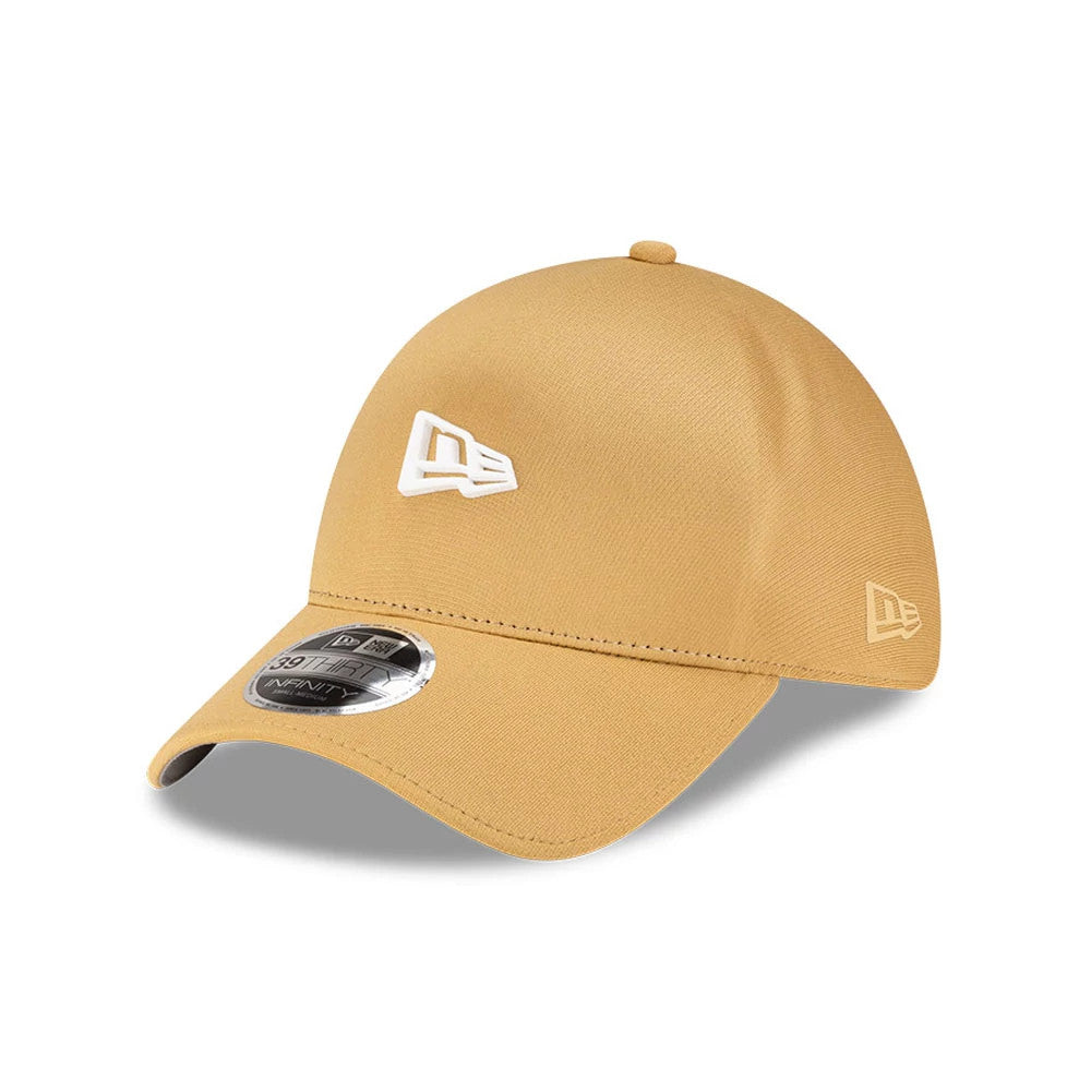New Era Yellow 39THIRTY Infinity Stretch Fit Cap, three-quarter view showing a white raised embroidered New Era logo on the front panel, a matching logo on the left side, and the 39THIRTY size sticker on the curved yellow visor.
