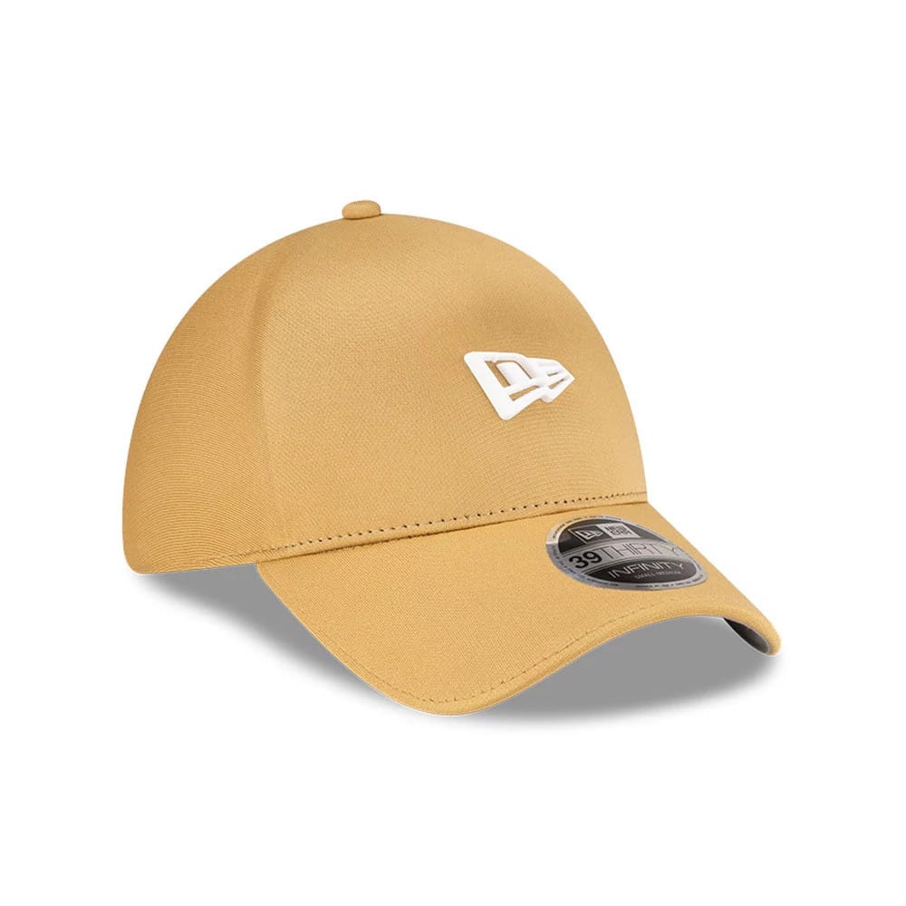 New Era Yellow 39THIRTY Infinity Stretch Fit Cap, three-quarter view showing the raised white New Era flag logo on the front panel, a curved yellow visor with a 39THIRTY size sticker, and a matching yellow top button.