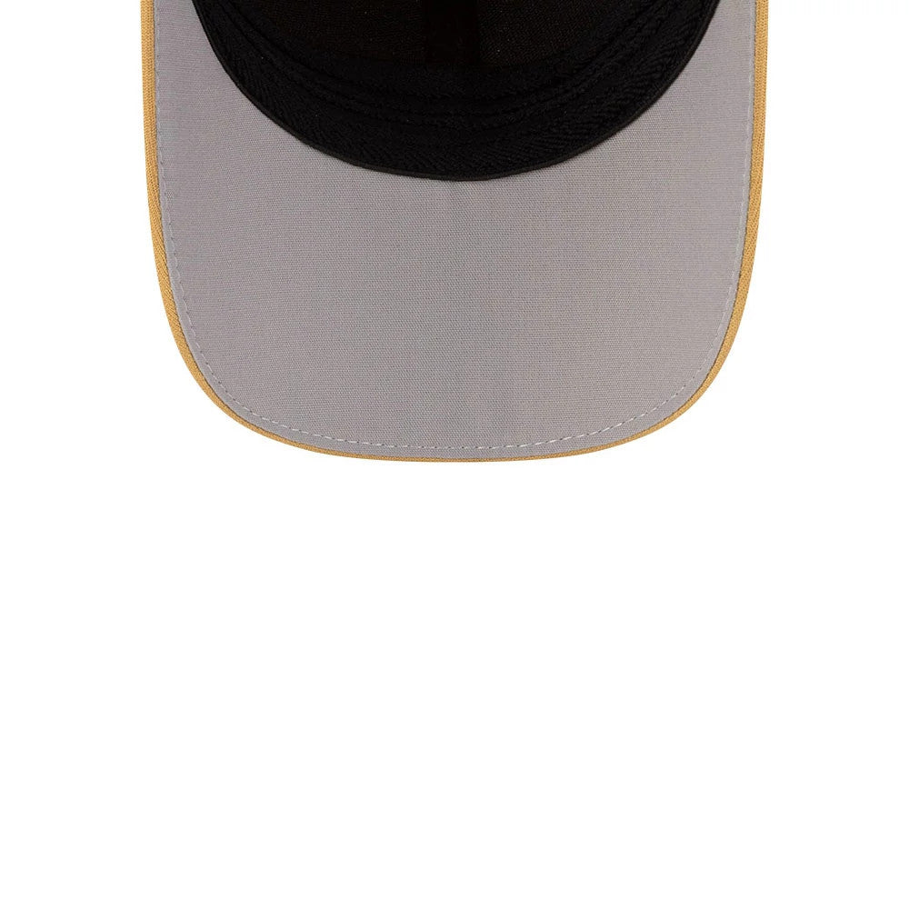 New Era Yellow 39THIRTY Infinity Stretch Fit Cap, inside view showing the contrasting grey undervisor with neat stitching, complemented by a black sweatband and internal taping along the crown for added durability and structure.