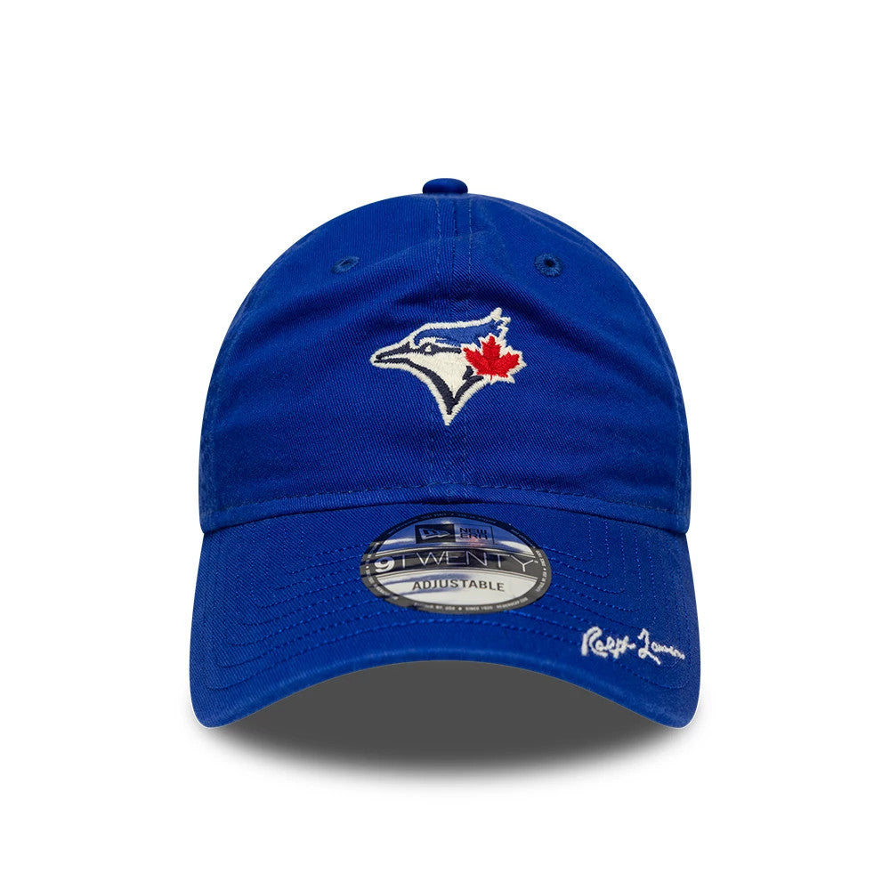 Toronto Blue Jays Ralph Lauren X MLB Navy New Era 9TWENTY Adjustable Cap, front view showing the white and red embroidered Blue Jays logo on the structured navy crown, with a Ralph Lauren script on the visor and a 9TWENTY size sticker.
