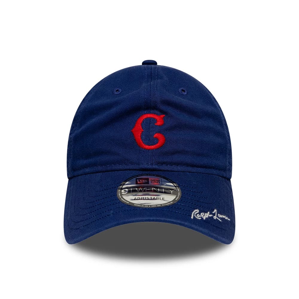 Chicago Cubs Ralph Lauren X MLB Dark Blue New Era 9TWENTY Adjustable Cap, front view showing the red embroidered C logo on the unstructured crown, the dark blue curved visor with a 9TWENTY size sticker.