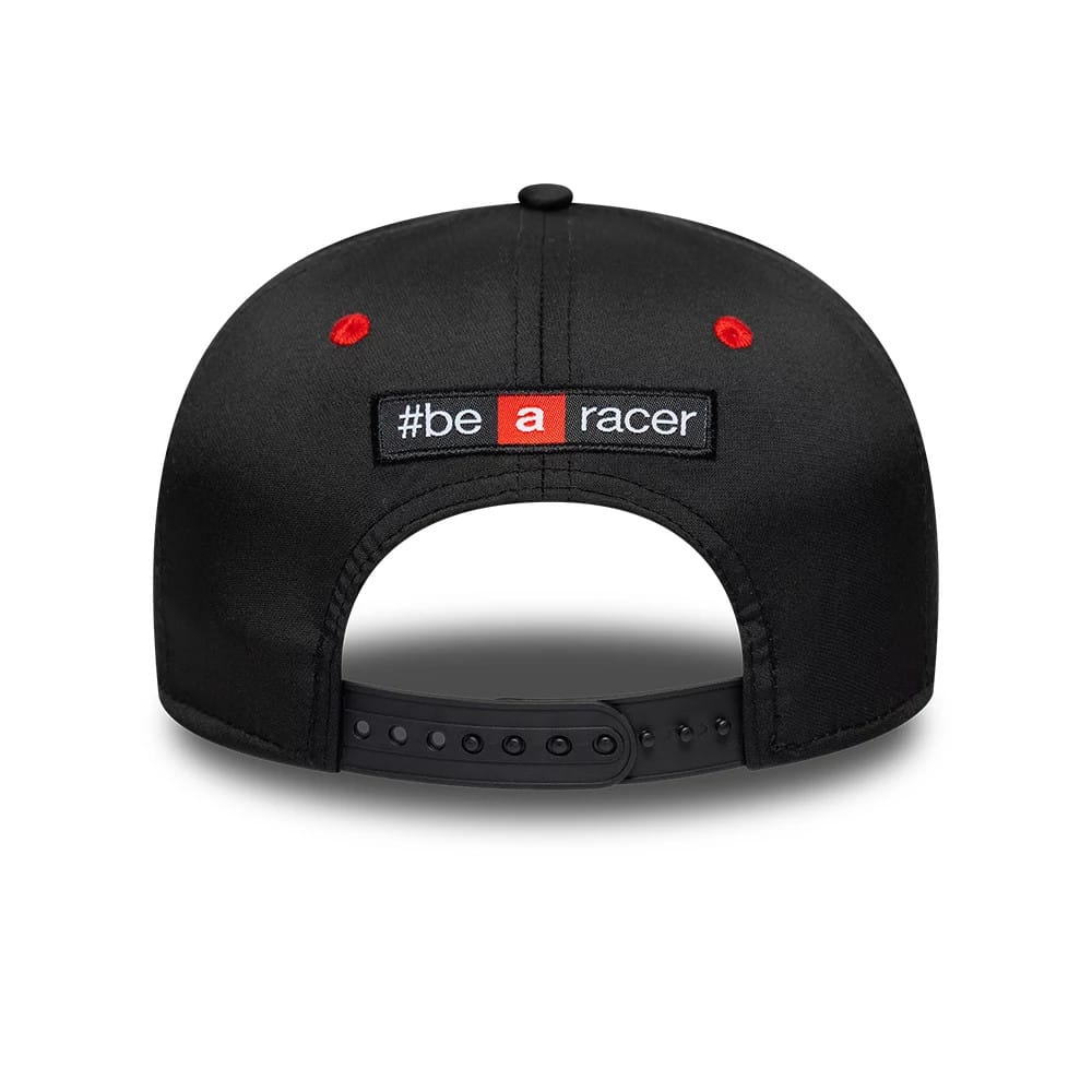Aprilia Replica Jorge Martin White New Era 9SEVENTY Stretch Snap Adjustable Cap, rear view showing the #be a racer embroidered badge centred above the black adjustable snap closure, with red top button and eyelets adding contrast.