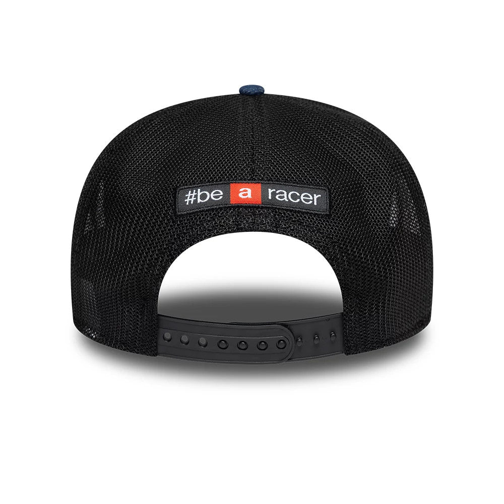 Aprilia Replica Jorge Martin Austin Race Special Blue New Era 9SEVENTY Stretch Snap Adjustable Cap, rear view showing the embroidered #be a racer patch on the structured black mesh crown, with a black adjustable snap closure.