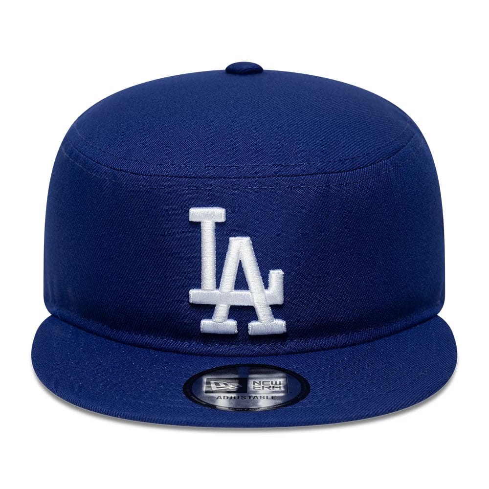 New Era LA Dodgers MLB Poly Dark Blue Pillbox Adjustable Cap, front view showing raised white LA logo embroidered on the deep blue front panel, complemented by a matching blue visor with a New Era adjustable size sticker on the top.