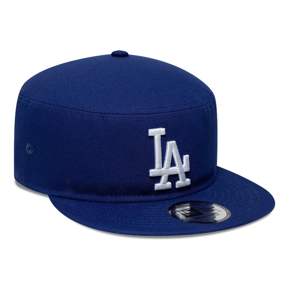 New Era LA Dodgers MLB Poly Dark Blue Pillbox Adjustable Cap, front view showing the white LA logo in raised embroidery on the structured dark blue crown, with matching dark blue visor and an adjustable strap at the back.