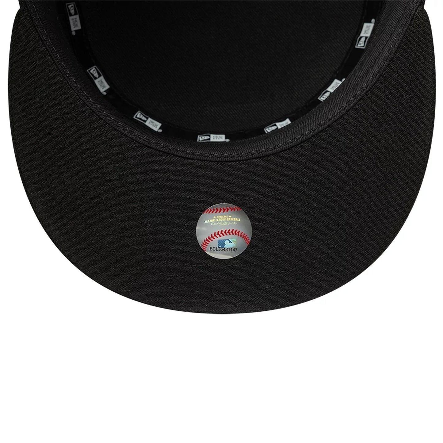 New Era Chicago White Sox MLB Poly Black Pillbox Adjustable Cap, inside view showing the black taping with repeated New Era logos, black sweatband, and a round silver sticker with a baseball graphic on the black undervisor.