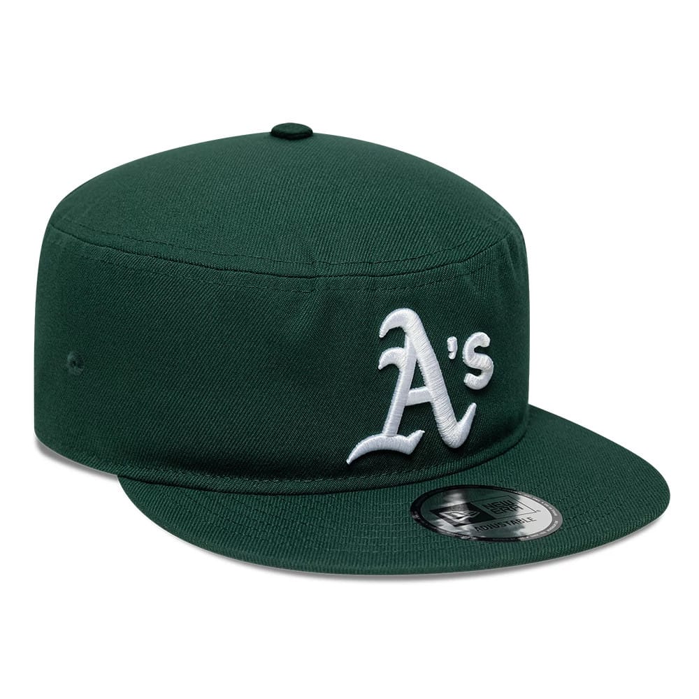 New Era Athletics MLB Poly Dark Green Pillbox Adjustable Cap, three-quarter view showing the white raised A’s logo embroidered on the front panel, flat dark green visor, and black and silver adjustable size sticker on the top.