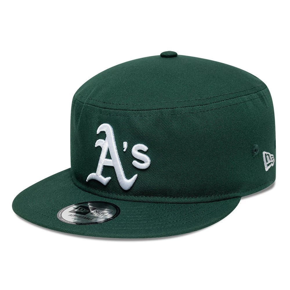 Athletics MLB Poly Dark Green New Era Pillbox Adjustable Cap, front view showing white raised A’s logo embroidery on the front panel, dark green flat visor with a New Era size sticker, and embroidered New Era flag logo on the left side.