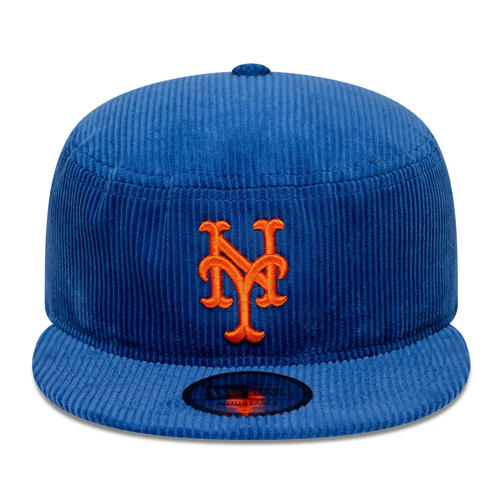 New Era New York Mets MLB Cord Blue Pillbox Adjustable Cap, front view highlighting the orange NY logo in raised embroidery on a blue corduroy crown, with a matching straight blue visor and black New Era size sticker.