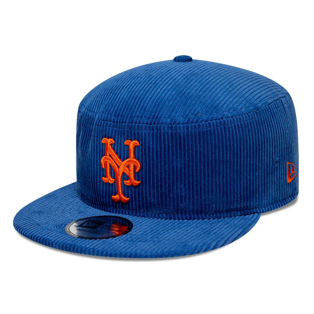 New Era New York Mets MLB Cord Blue Pillbox Adjustable Cap, front view showing the orange embroidered Mets logo on the blue corduroy front panel, flat visor with a New Era size sticker, and the New Era flag logo on the left side.