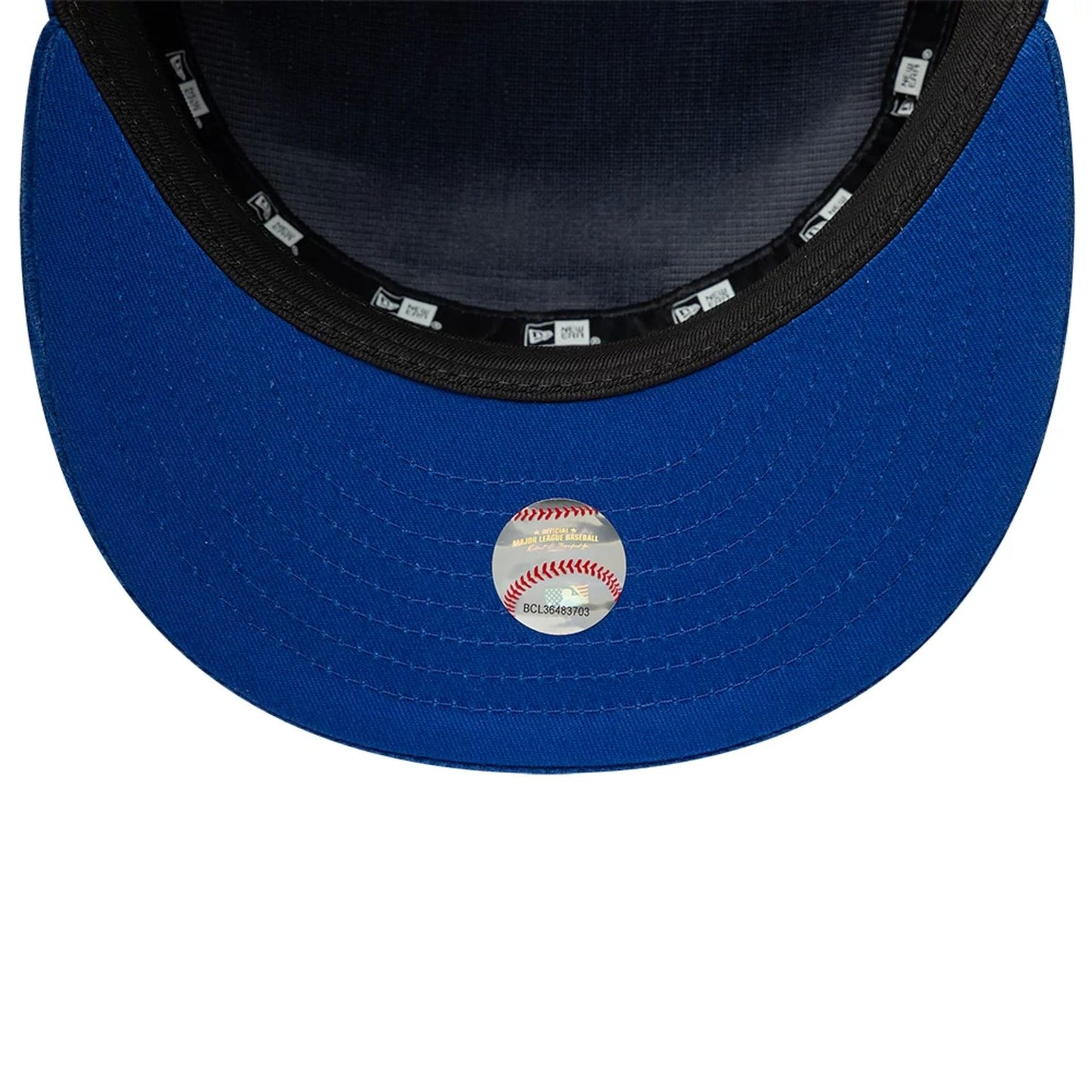New Era New York Mets MLB Cord Blue Pillbox Adjustable Cap, inside view showing the black sweatband and New Era-branded taping lining the crown, with a blue undervisor and an MLB authentication sticker at the centre.