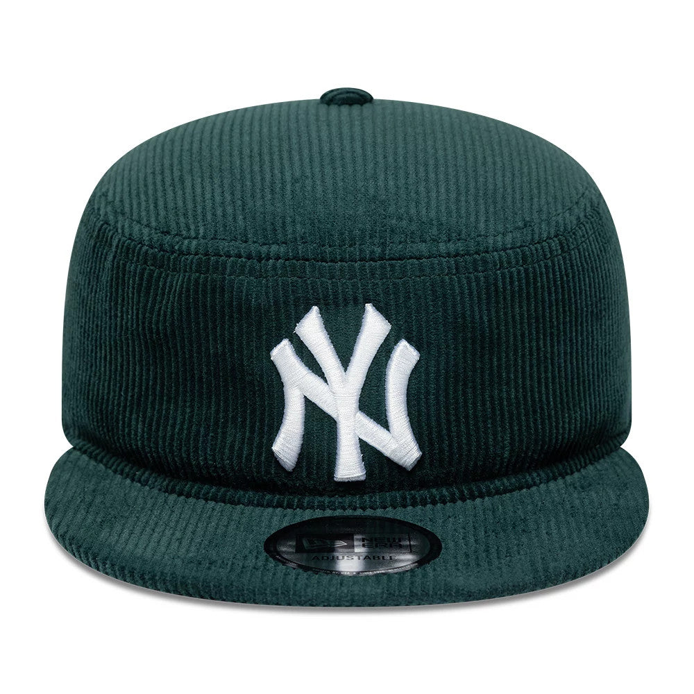 New Era New York Yankees MLB Cord Dark Green Pillbox Adjustable Cap, front view showing a raised white embroidered NY logo on the centre of the structured dark green cord crown, with a matching dark green visor and a black size sticker.