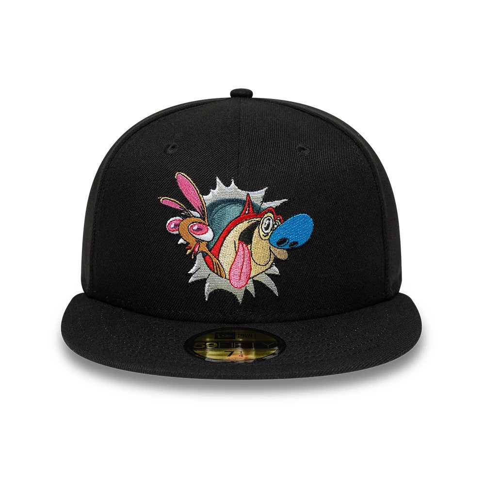 Ren & Stimpy Character Graphic Black New Era 59FIFTY Fitted Cap, front view showing a colourful embroidered Ren & Stimpy character graphic on the structured black crown, with a flat black visor and a gold 59FIFTY size sticker on the top.