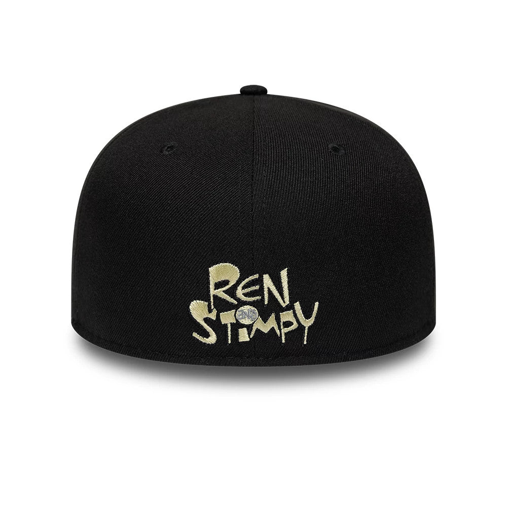 Ren & Stimpy Character Graphic Black New Era 59FIFTY Fitted Cap, rear view showing the cream embroidered Ren & Stimpy logo centred on the back panels, with a structured black crown and matching top button.
