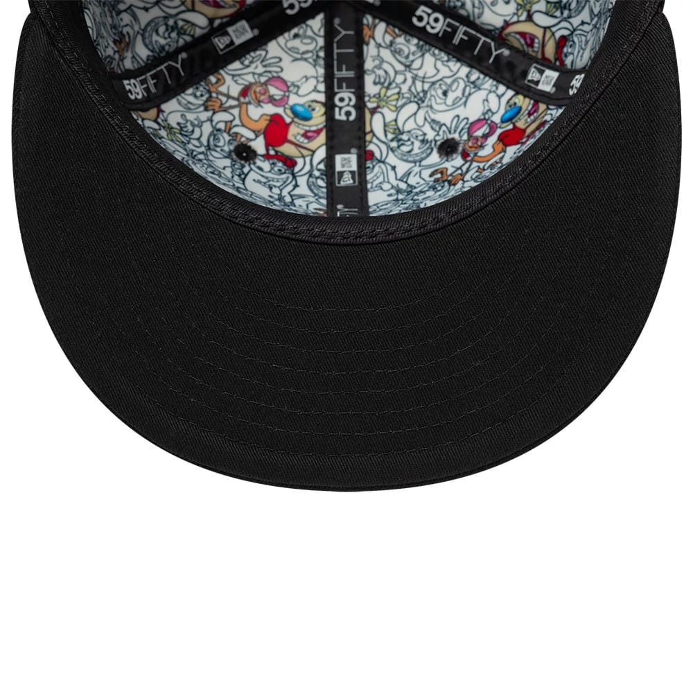 Ren & Stimpy Character Graphic Black New Era 59FIFTY Fitted Cap, inside view showing a illustration of Ren and Stimpy on the lining, accompanied by black taping with white 59FIFTY branding and a solid black undervisor.