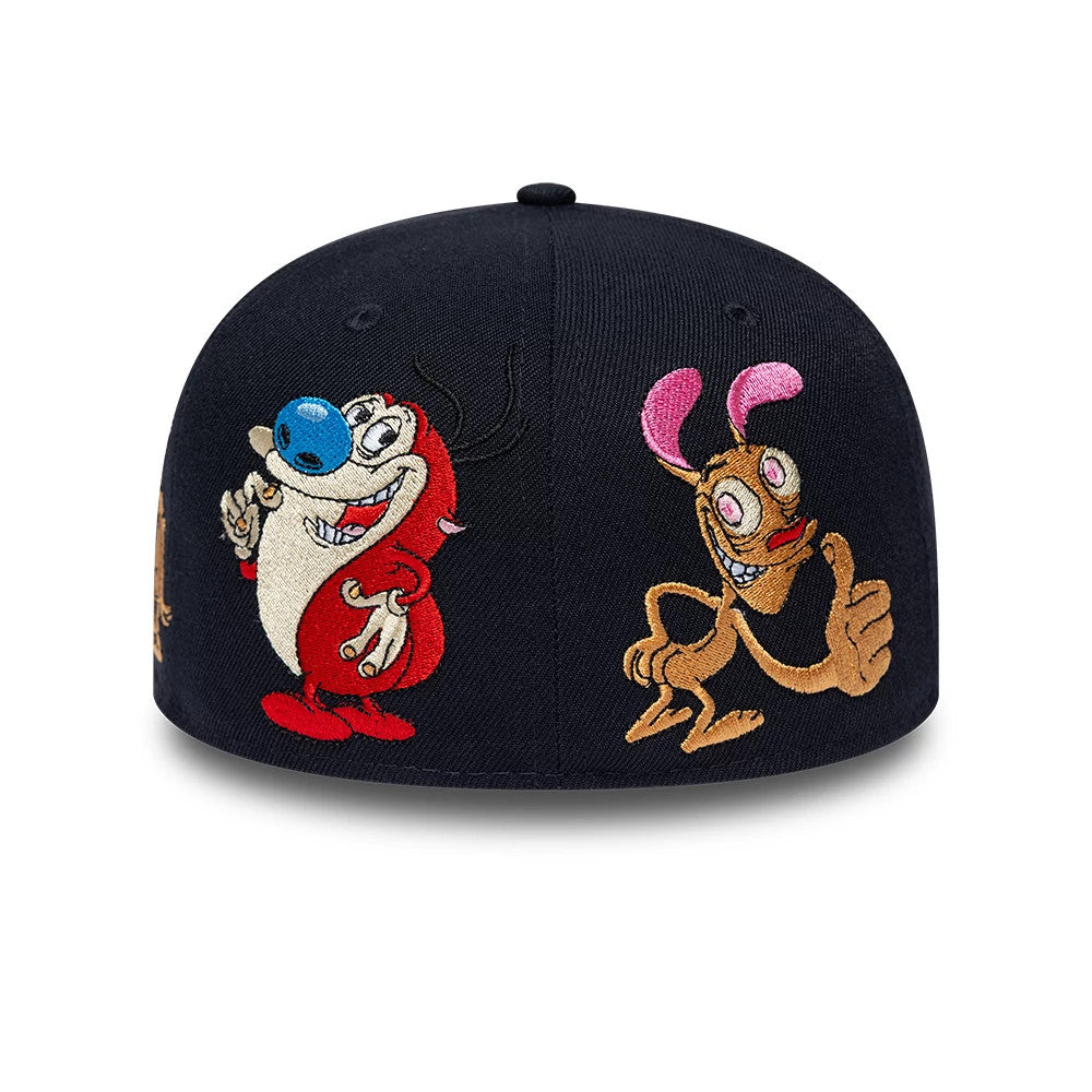 Ren & Stimpy Happy Happy Joy Joy Navy New Era 59FIFTY Fitted Cap, rear view showing embroidered characters Ren and Stimpy on the structured navy crown, capturing their playful expressions with intricate on the back panels.
