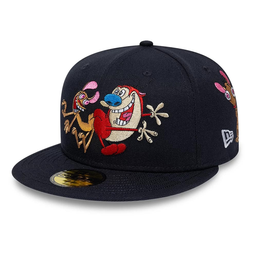 Ren & Stimpy Happy Happy Joy Joy Navy New Era 59FIFTY Fitted Cap, three-quarter view showing embroidered characters Ren and Stimpy on the front panels, a flat navy visor with gold 59FIFTY size sticker, and New Era flag logo on the left side.