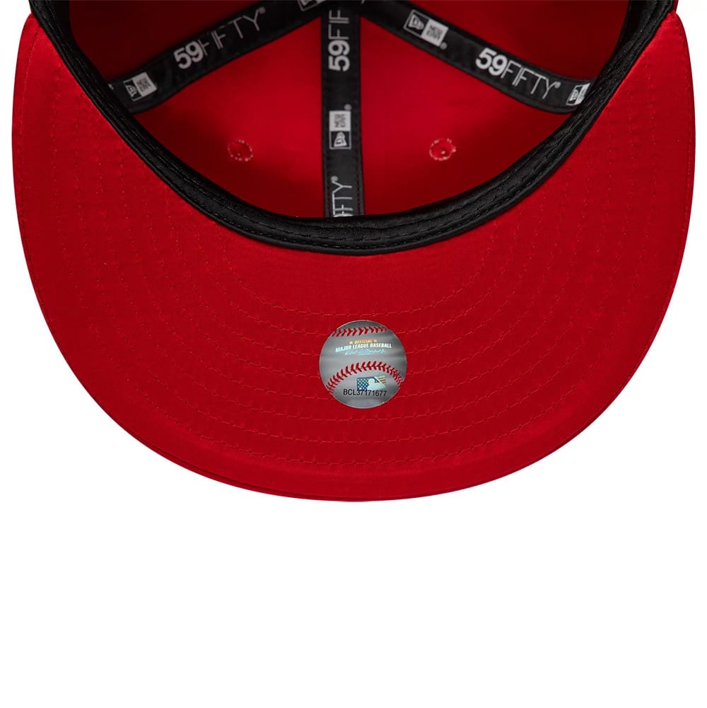 Pictured is this MLB Satin New York Yankees 59FIFTY Fitted cap in red. 7