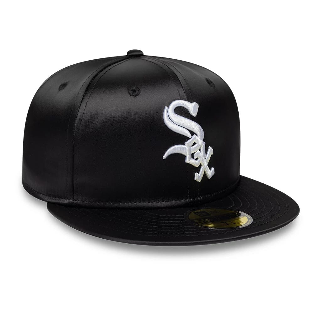 Chicago White Sox MLB Satin Black New Era 59FIFTY Fitted Cap, front view showing the white raised embroidered Sox logo on the structured satin black crown, with a flat black visor and gold 59FIFTY size sticker on the visor.