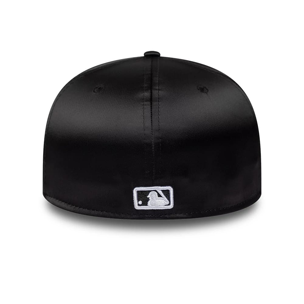 Chicago White Sox MLB Satin Black New Era 59FIFTY Fitted Cap, rear view showing the white embroidered MLB Batterman logo at the centre of the back panels, with a satin finish on the structured black crown.