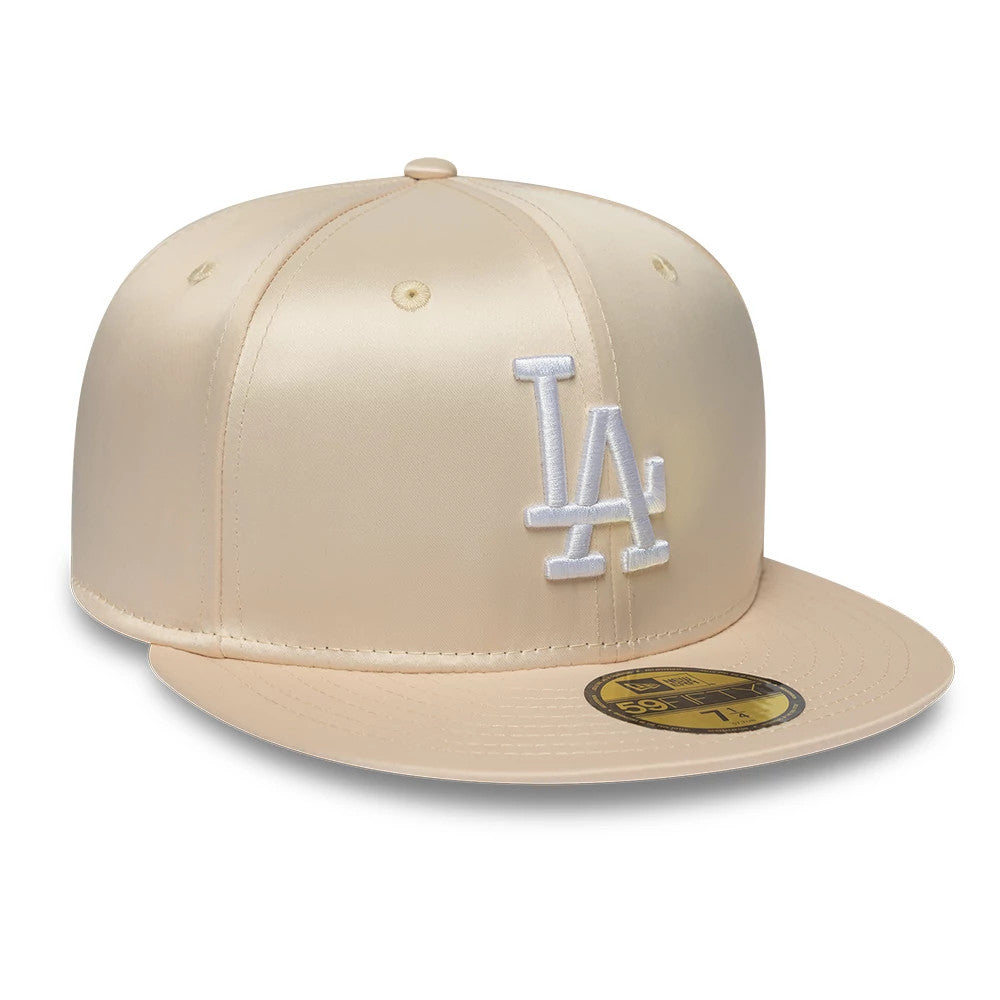 Pictured is this MLB Satin LA Dodgers 59FIFTY Fitted cap in cream. 3