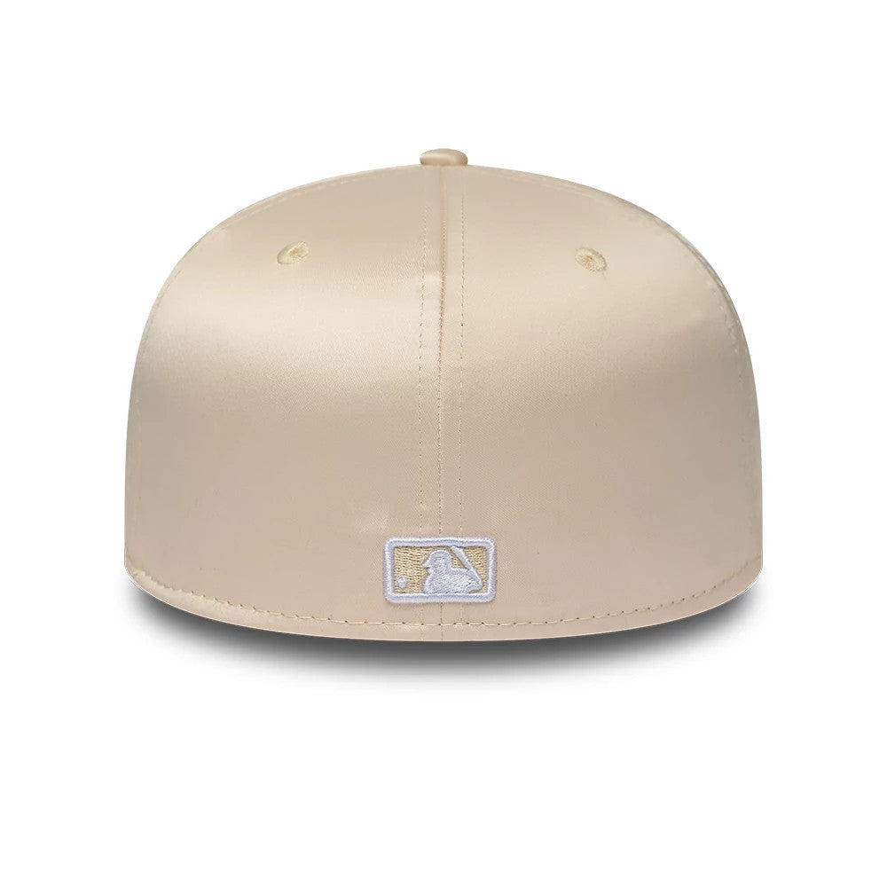 LA Dodgers MLB Satin Cream New Era 59FIFTY Fitted Cap, rear view showing the white embroidered MLB Batterman logo at the centre of the back panels, with a satin finish and matching cream top button.