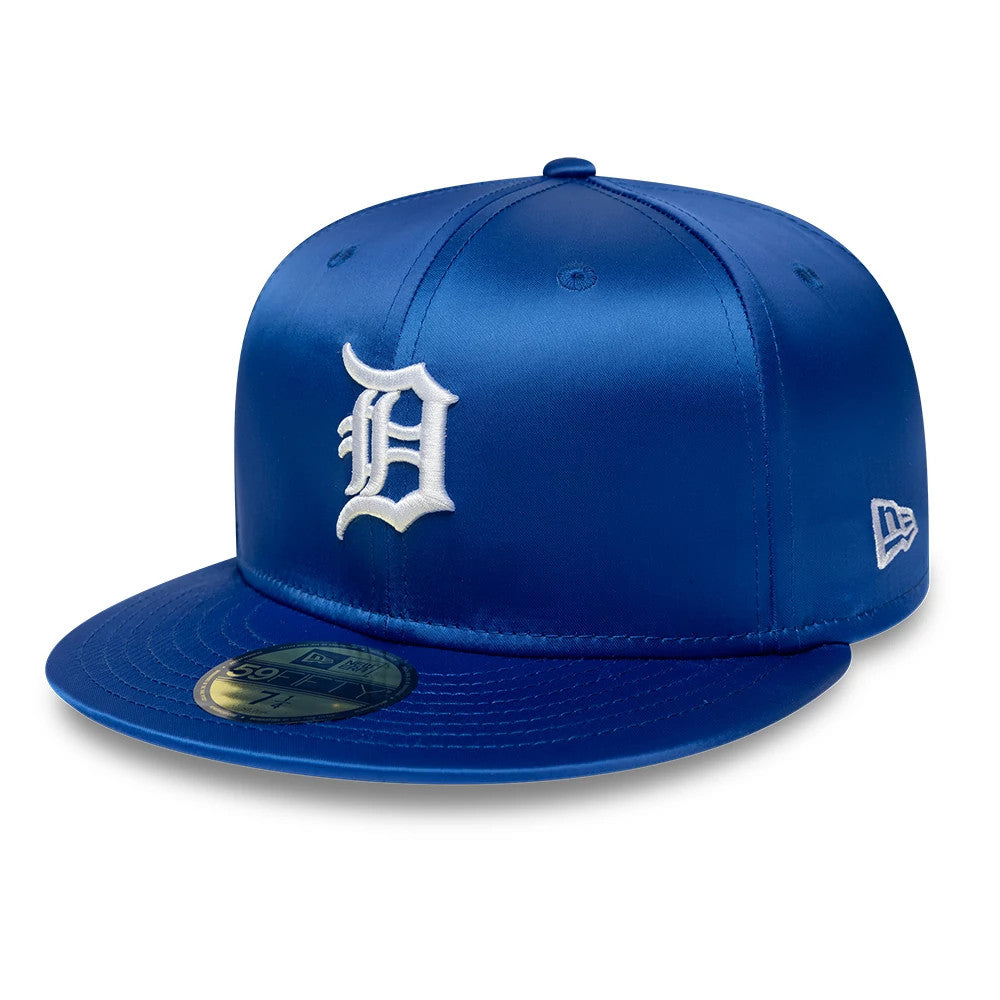 Detroit Tigers MLB Satin Blue New Era 59FIFTY Fitted Cap, front view showing the white embroidered D logo on the structured blue satin crown, with a matching blue flat visor and a gold 59FIFTY size sticker on the visor.