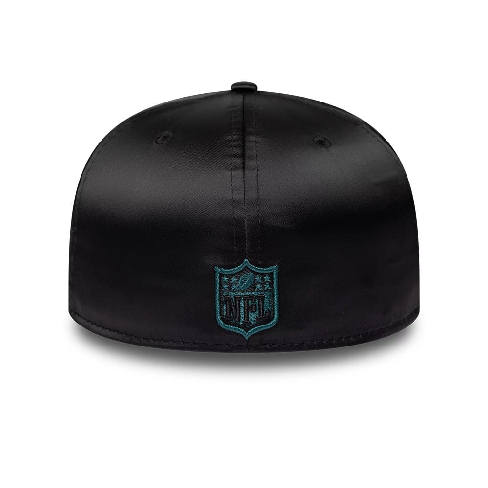 Philadelphia Eagles NFL Satin Black New Era 59FIFTY Fitted Cap, rear view showing the green and black embroidered NFL shield logo centred on the back panels, highlighting the satin material and structured crown.