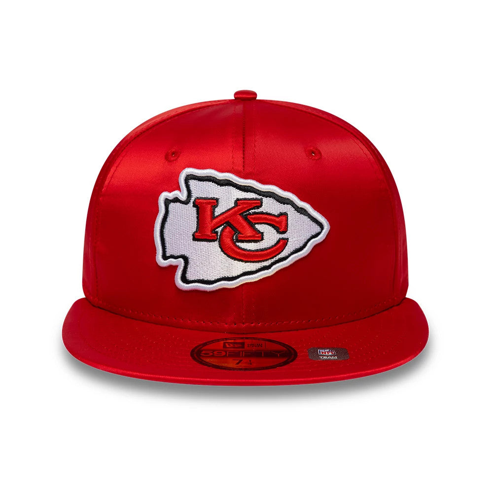 Kansas City Chiefs NFL Satin Red New Era 59FIFTY Fitted Cap, front view showing the red embroidered KC logo set within a white embroidered arrowhead on the structured satin red crown, with a matching red flat visor and 59FIFTY size sticker.