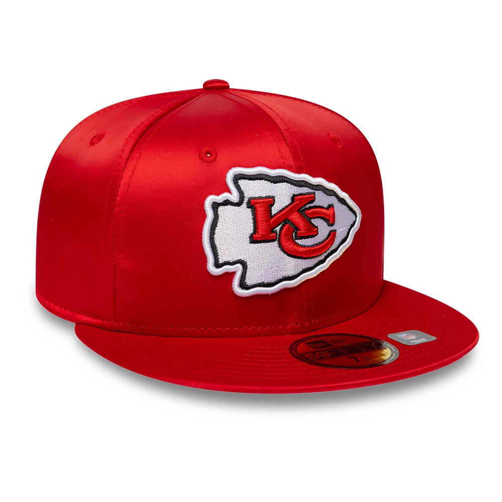 Kansas City Chiefs NFL Satin Red New Era 59FIFTY Fitted Cap, front view showing the raised embroidered Chiefs logo in red and white on the front panel, with a matching red visor and gold 59FIFTY size sticker on the visor.