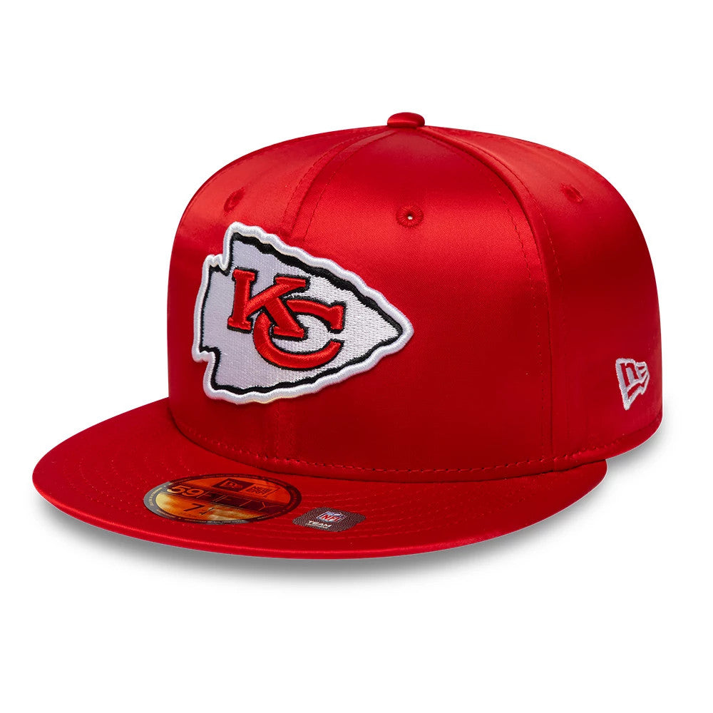 Kansas City Chiefs NFL Satin Red New Era 59FIFTY Fitted Cap, front view showing the raised embroidered Chiefs logo in red and white on the structured red crown, with a flat red visor and gold 59FIFTY size sticker on the top.