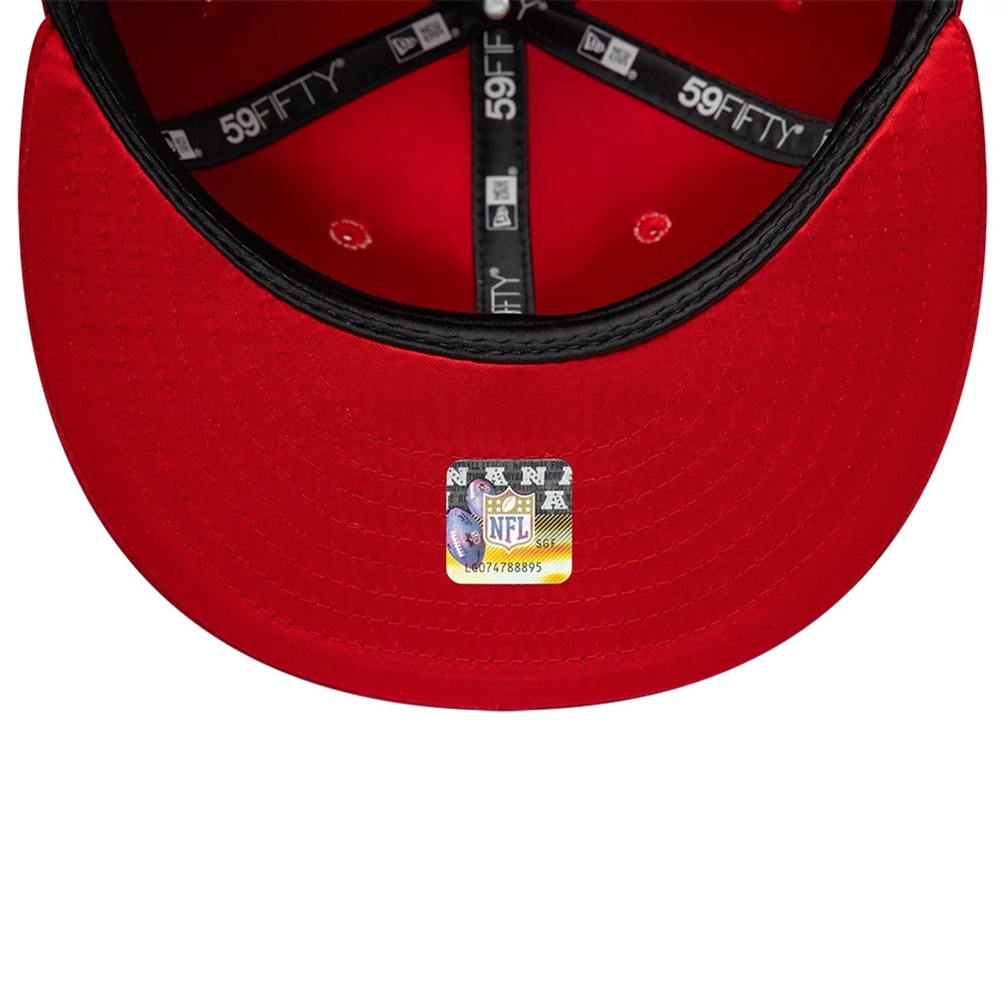 Kansas City Chiefs NFL Satin Red New Era 59FIFTY Fitted Cap, inside view showing the black taping with 59FIFTY branding, a black sweatband, and a red undervisor with an NFL holographic sticker at the centre.