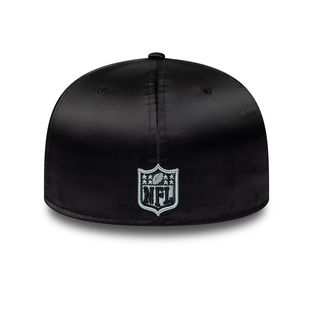 Las Vegas Raiders NFL Satin Black New Era 59FIFTY Fitted Cap, rear view showing the silver embroidered NFL shield logo centred on the black satin back panels, set above the slightly curved black visor.