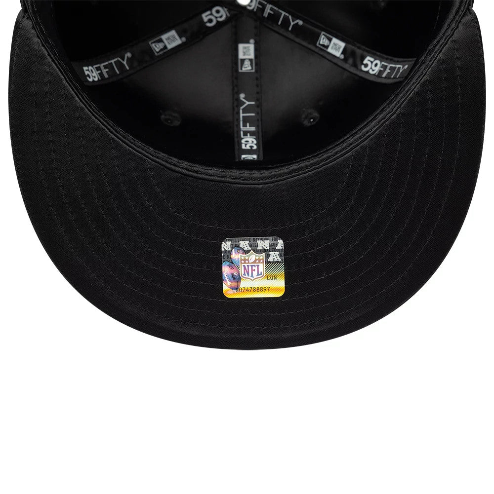 Pictured is this NFL Satin Las Vegas Raiders 59FIFTY Fitted cap in black. 7