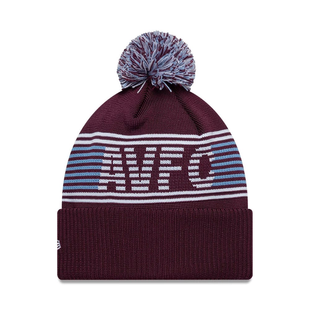 New Era Aston Villa FC Dark Red Bobble Knit Beanie Hat, front view showing a knitted bobble in mixed dark red and light blue, AVFC lettering over white and blue horizontal stripes across the crown, and a dark red fold-over cuff.