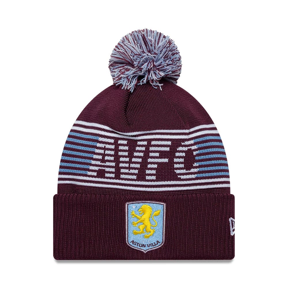 New Era Aston Villa FC Dark Red Bobble Knit Beanie Hat, front view showing an embroidered Aston Villa crest on the fold-over cuff, a multicoloured pom on top, and AVFC lettering woven in white and blue on the crown.