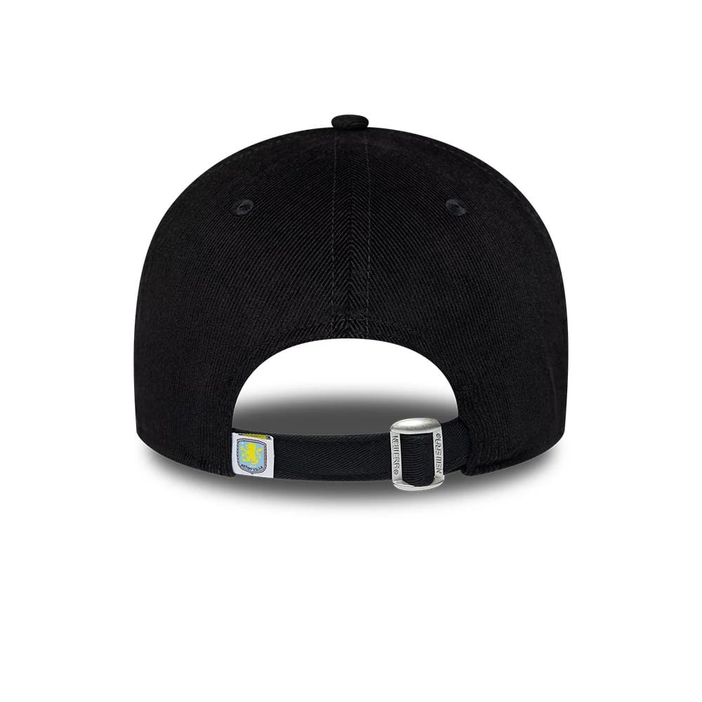 Aston Villa FC Cord Black New Era 9FORTY Adjustable Cap, rear view showing the silver buckle on the adjustable strap, an Aston Villa crest tag on the strap, and two black eyelets on the structured black crown.