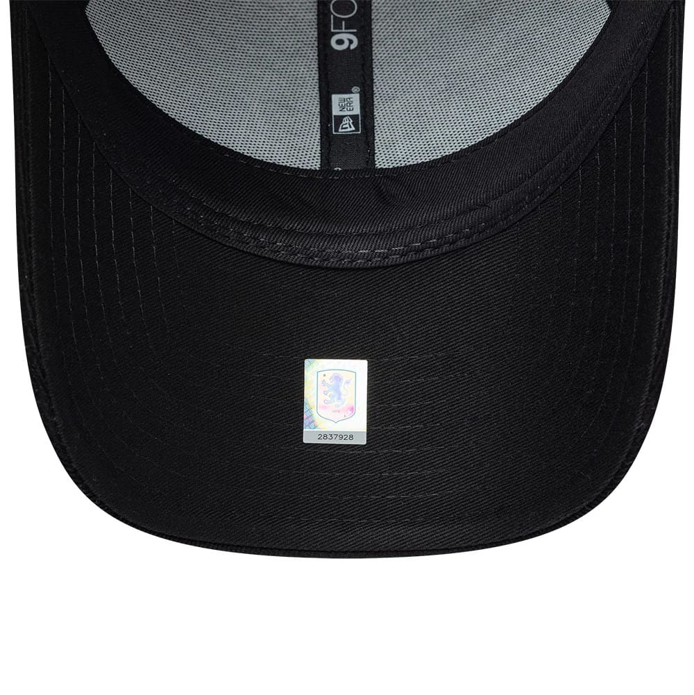 Aston Villa FC Cord Black New Era 9FORTY Adjustable Cap, inside view showing the grey taping with a New Era logo, a black undervisor, and a small holographic sticker attached to the centre of the visor.