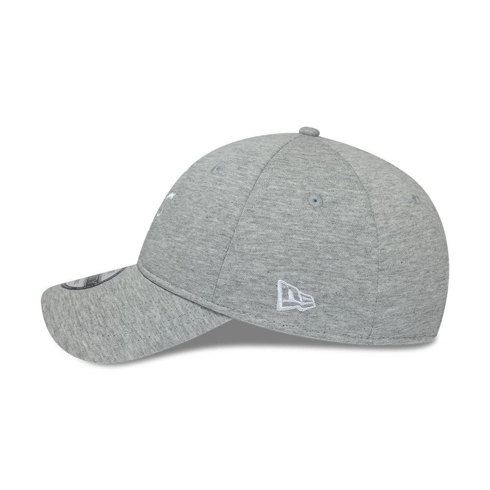 Aston Villa FC Jersey Grey New Era 9TWENTY Adjustable Cap, side view showing the white embroidered New Era flag logo on the left side, structured grey crown with matching eyelets and top button, and grey curved visor with a 9TWENTY size sticker.