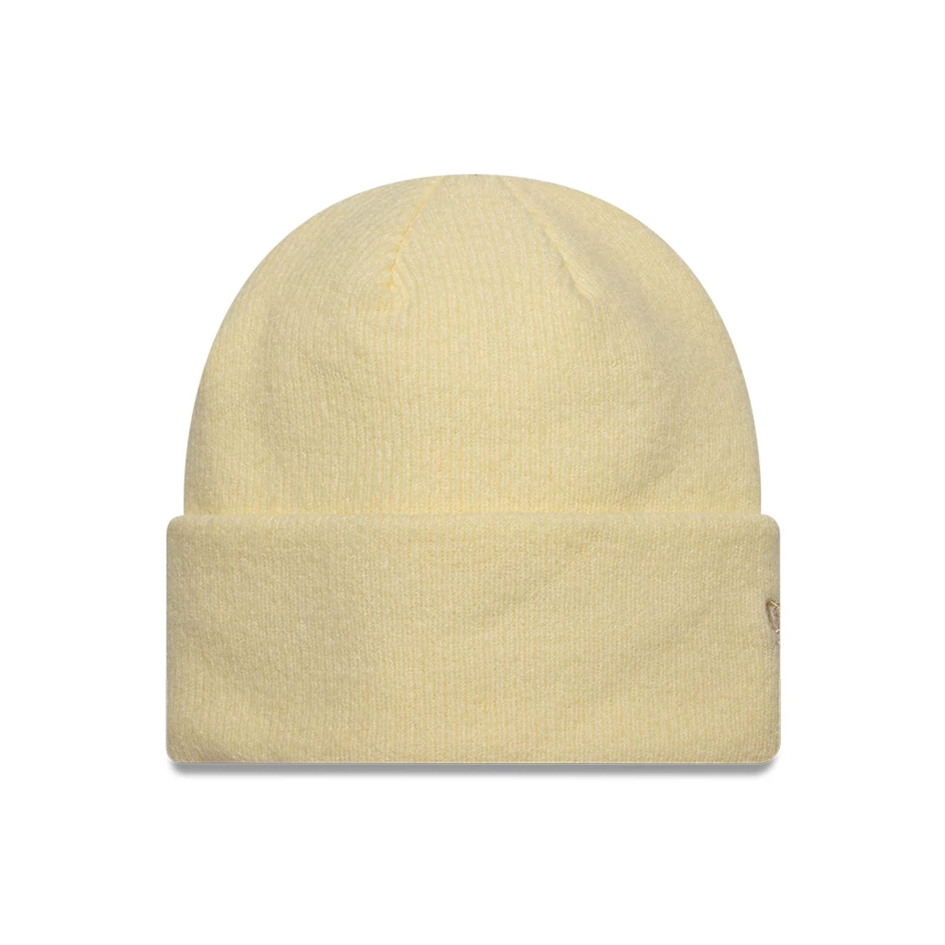 Pictured is this New Era Mohair Wide Cuff Knit Beanie hat in pastel yellow. 1