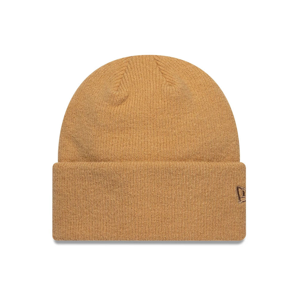 New Era Mohair Light Beige Wide Cuff Knit Beanie Hat, front view showing textured ribbing detail on the crown, a wide cuff with a New Era flag logo embroidered on the left side, and a soft mohair fabric in a light beige shade.