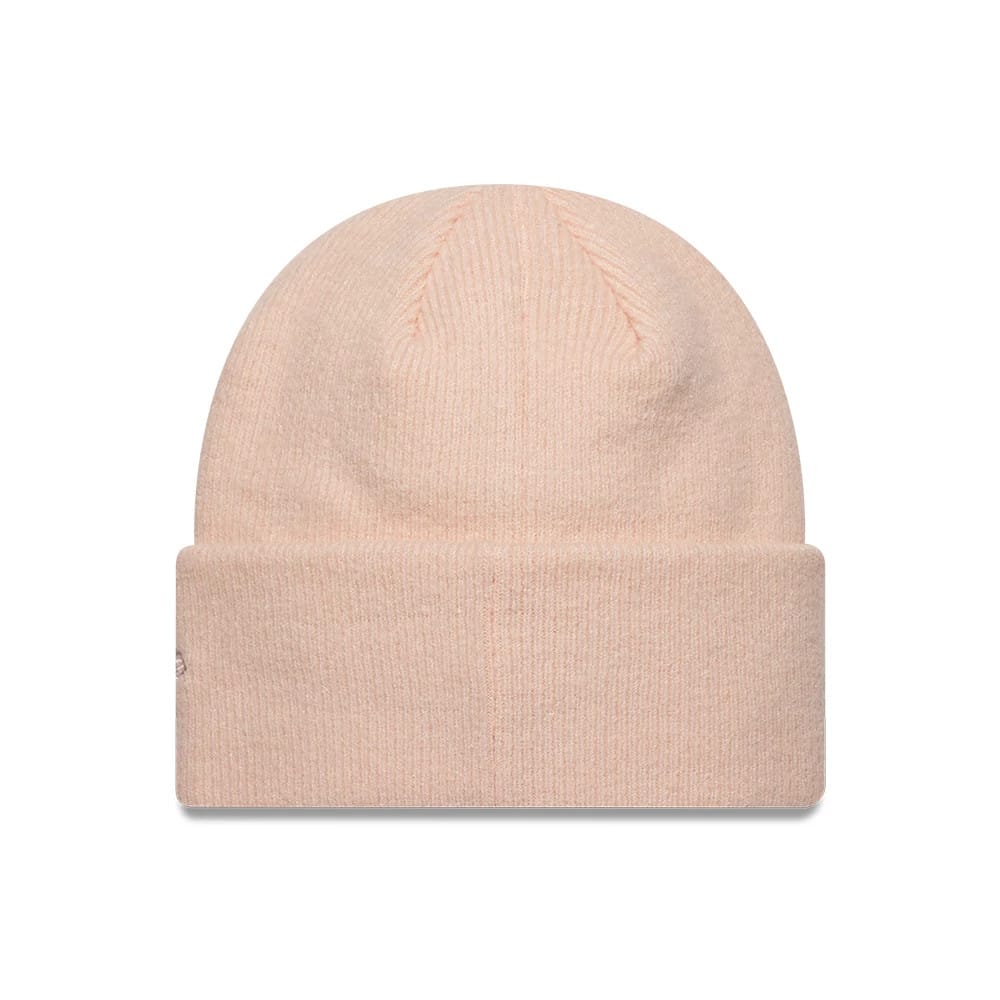 New Era Mohair Pastel Pink Wide Cuff Knit Beanie Hat, front view showing a soft textured surface with a wide fold-over cuff, delicately curved crown with ribbed stitching, and a embroidered New Era flag logo on the left side.
