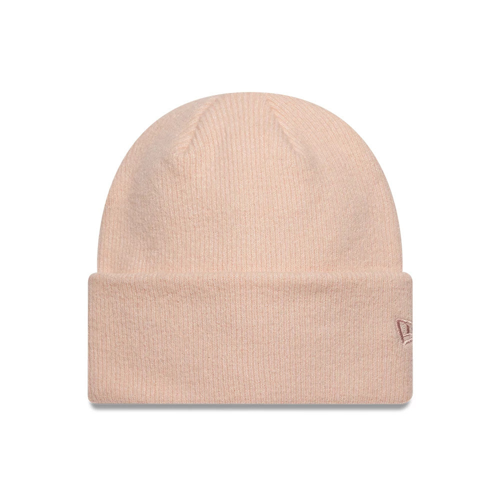 New Era Mohair Pastel Pink Wide Cuff Knit Beanie Hat, front view showing a tall wide cuff with ribbed texture in pastel pink, featuring a small embroidered New Era flag logo on the lower left side.