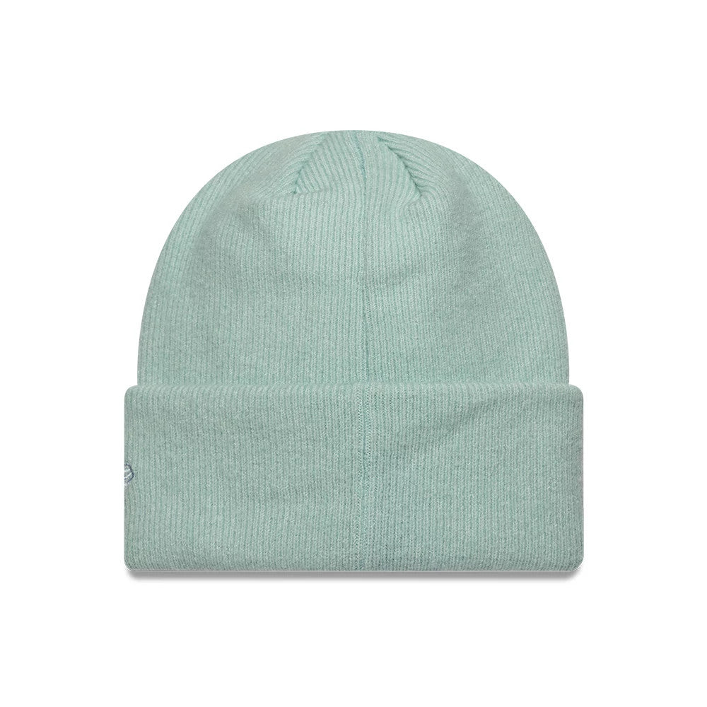 New Era Mohair Pastel Blue Wide Cuff Knit Beanie Hat, front view showing the wide folded cuff in a soft pastel blue hue, with ribbed texture and a small New Era flag logo embroidered on the left edge.